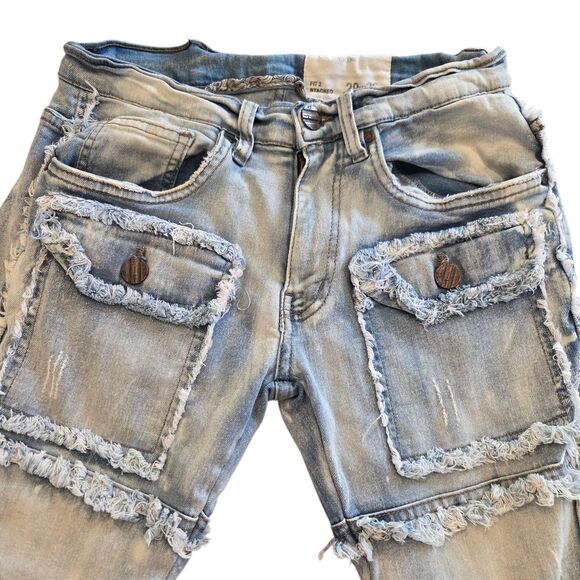 Men's FWRD DENIM CO. Patchwork True Stacked Denim Jeans Fringe Flap Pockets  29 - Picture 1 of 9